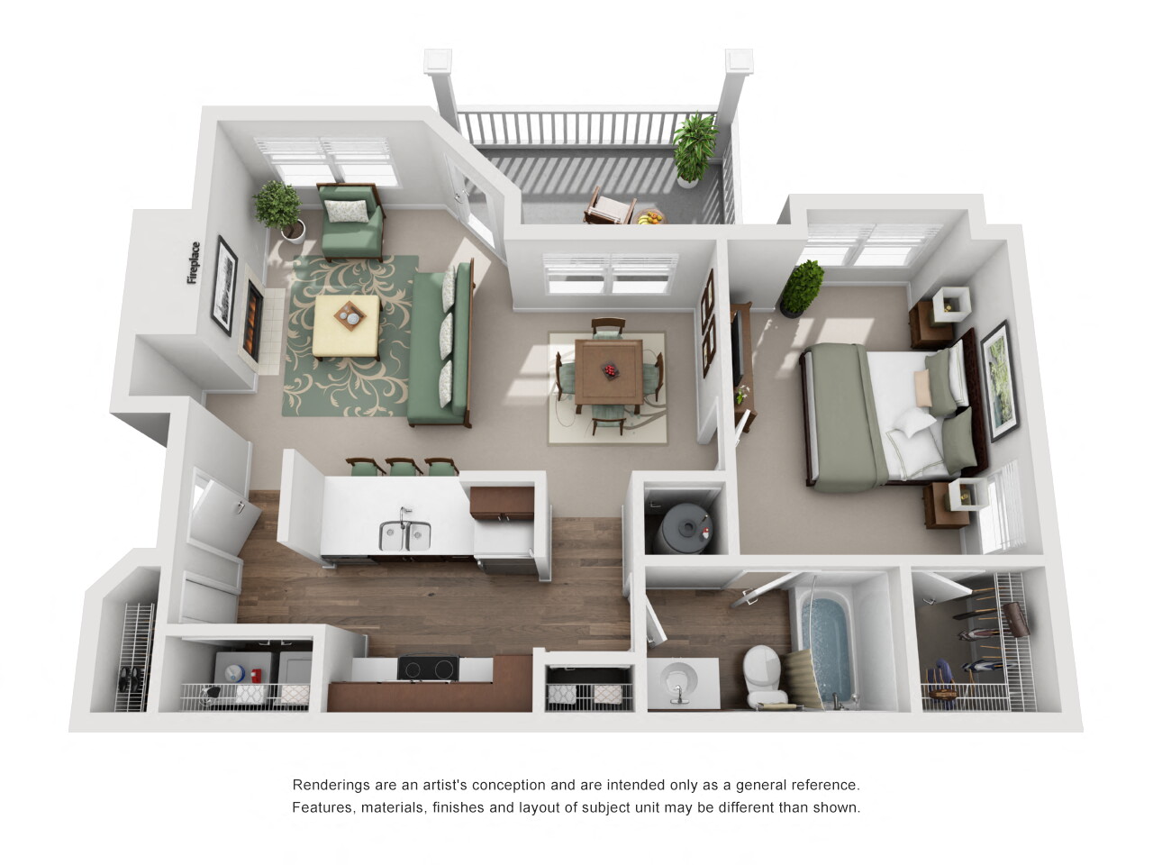 Floor plan for 1 bed, 1 bath, 700 sqft